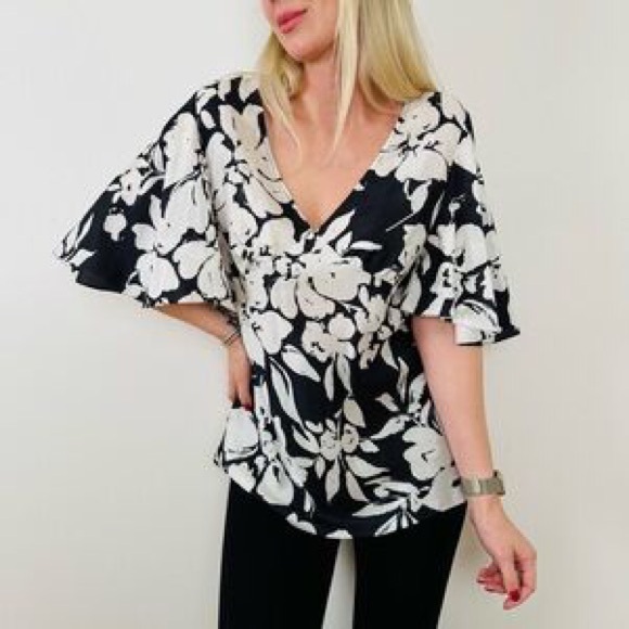 Lauren Ralph Lauren Tops - Lauren Ralph Lauren Black  Silk Floral Wrap Short Sleeve Blouse Sz Large